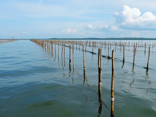Sustainable Seafood Concept. A calm water scene featuring wooden stakes rising from the surface, set against a backdrop of clouds and blue sky.