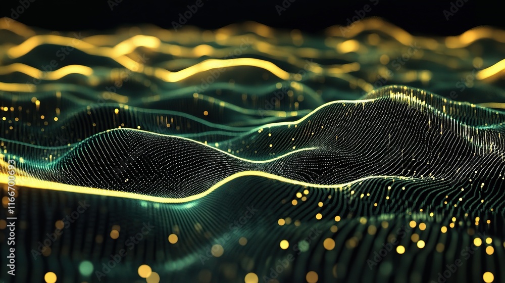Poster abstract data flow: a mesmerizing abstract background with glowing golden and green waves of data, s