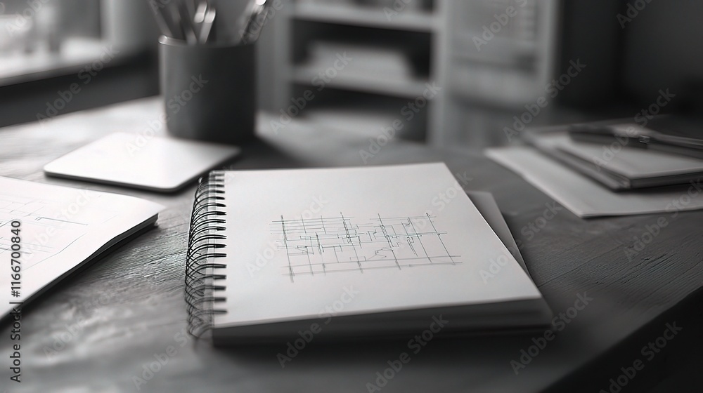 Poster architectural blueprints and notepad on a workspace table