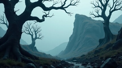 A Serene Stream Flows Through a Mysterious Valley, Flanked by Ancient, Leafless Trees and Enigmatic Cliffs under a Misty Sky