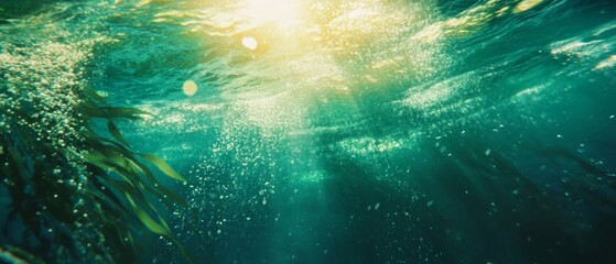 Fototapeta premium Seaweed and natural sunlight underwater seascape in the ocean