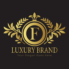 Luxury Royal Crown Letter F Logo with Ornate Frame and Laurel Wreath

