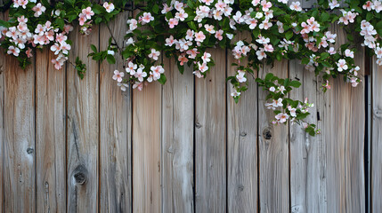 Fototapeta premium rustic wooden fence adorned with delicate spring flowers, creating serene and charming atmosphere. combination of natural wood and blooming flora evokes sense of tranquility and beauty