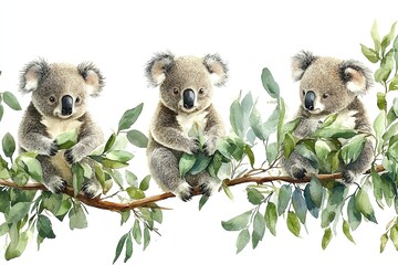 Three koalas sitting on branches, surrounded by green leaves.