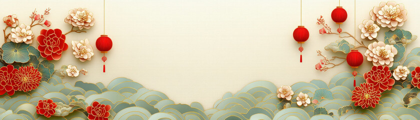 Obraz premium Elegant floral design with red lanterns, symbolizing Chinese New Year, blends traditional patterns for festive decoration and cultural celebration.