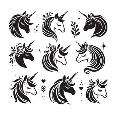 Unicorn face set Vector Silhouette black SH