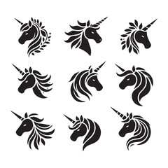 Unicorn face set Vector Silhouette black SH