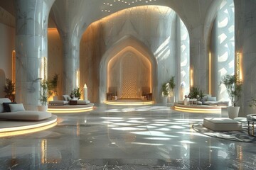 Elegant interior featuring marble architecture and serene lighting.