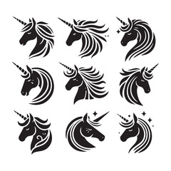 Unicorn face set Vector Silhouette black SH