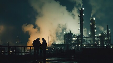 Group of Workers in Professional Equipment at Petroleum Refinery