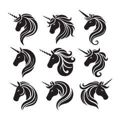 Unicorn face set Vector Silhouette black SH