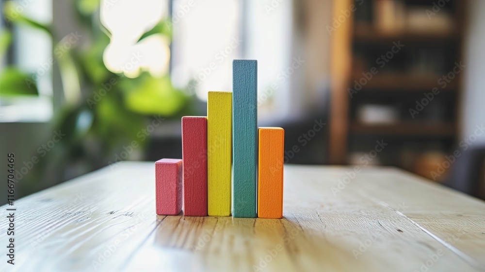 Poster a bar chart made of colorful blocks arranged in ascending order on a white table.
