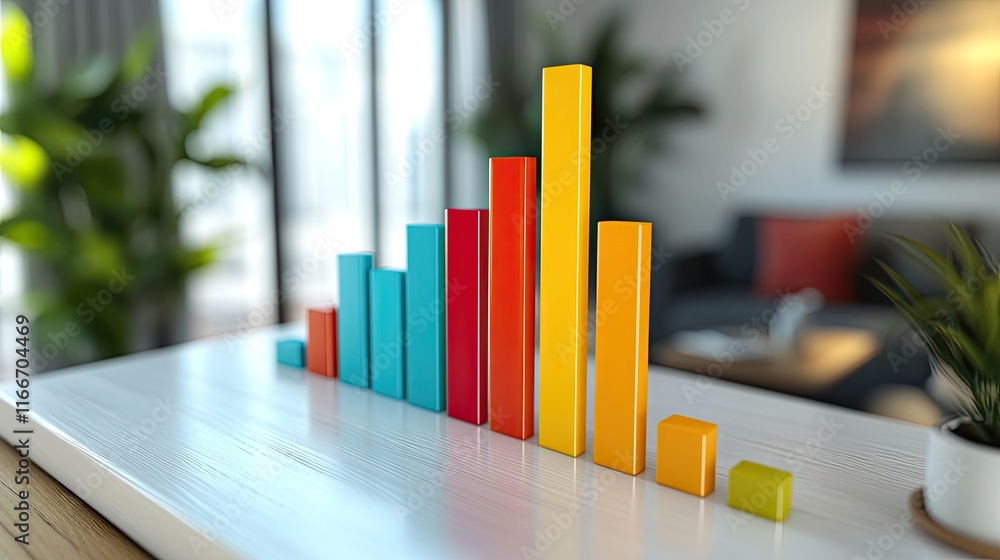 Poster a bar chart made of colorful blocks arranged in ascending order on a white table.