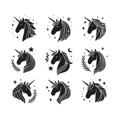 Naklejka premium Unicorn face set Vector Silhouette black SH