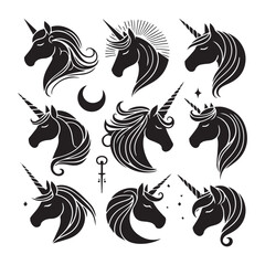 Unicorn face set Vector Silhouette black SH