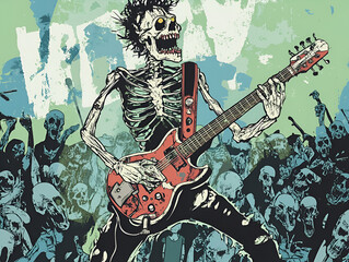 Skeleton Rockstar on Stage with Guitar Amid Zombie Audience

