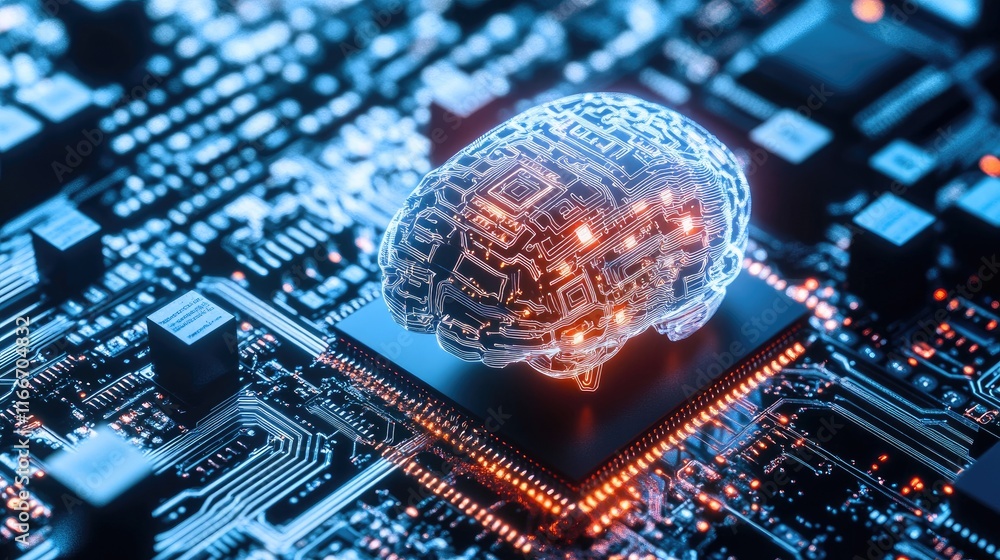 Poster a close-up of futuristic ai microchips on a sleek surface, glowing circuits extending outward. monoc