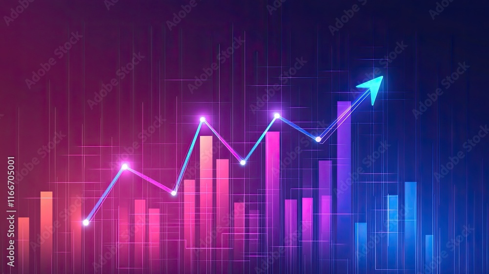 Poster a digital skyline with holographic ai-inspired arrows and graphs projecting above, symbolizing ai tr