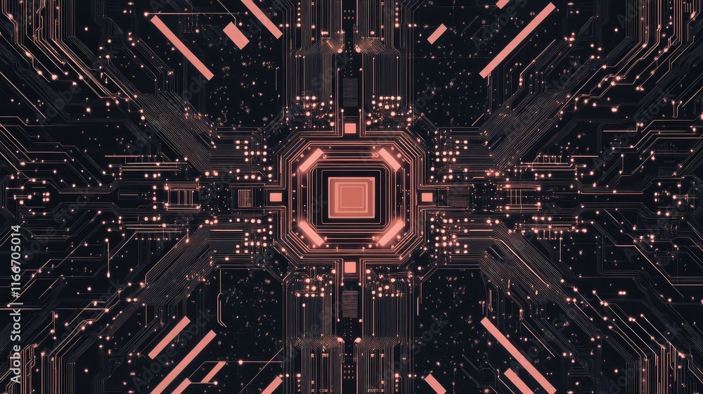 Poster a dynamic ai chip with glowing circuits and radiating trend arrows on a minimalist dark gradient.