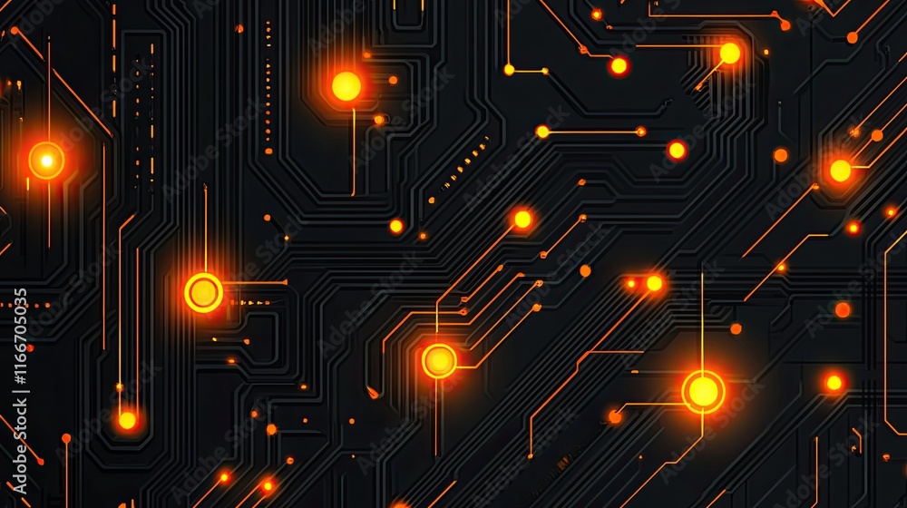 Poster a dynamic ai chip with glowing circuits and radiating trend arrows on a minimalist dark gradient.