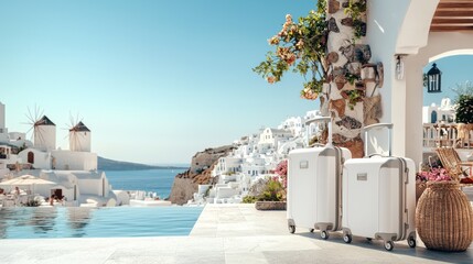 Obraz premium A serene poolside view in Santorini with white luggage, overlooking a picturesque sea and iconic windmills.