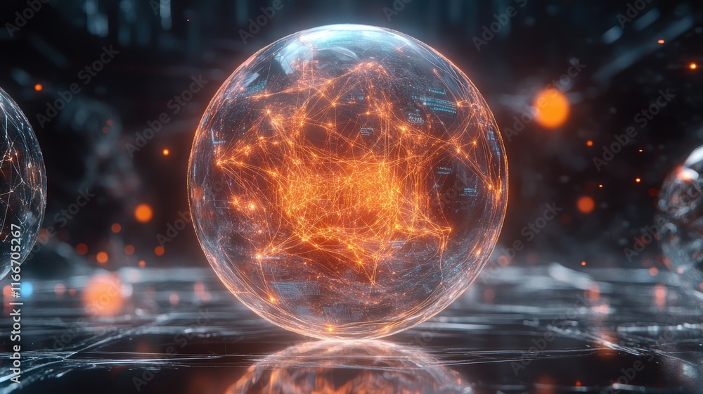 Poster a futuristic holographic globe surrounded by glowing ai neural connections and trending data pattern
