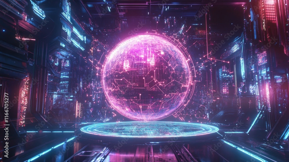 Poster a futuristic holographic globe surrounded by glowing ai neural connections and trending data pattern