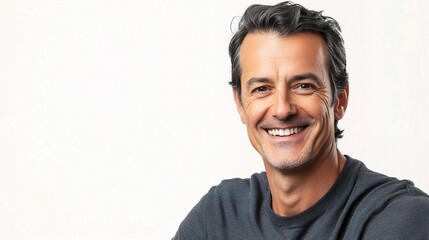 Fototapeta premium Smiling Man with Dark Hair and Pleasant Expression on Neutral Background