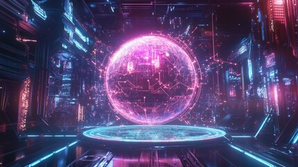 Obraz premium A futuristic holographic globe surrounded by glowing AI neural connections and trending data patterns on a sleek dark gradient background.