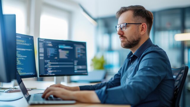 A focused professional coding at dual monitors in a modern workspace, showcasing a productive environment for software development.