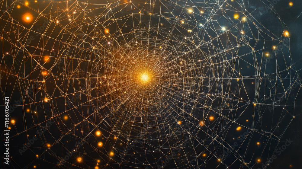 Poster intricate digital web design with glowing nodes, highlighting complex network structures in a futuri
