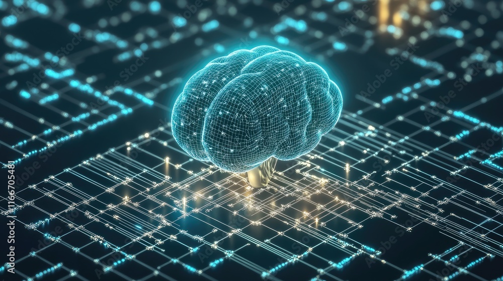 Poster a glowing ai brain with data streams flowing through it, symbolizing the role of ai in business.