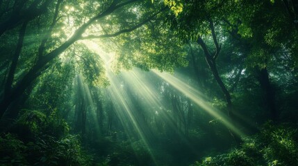Fototapeta premium Sunlight filters through a lush forest canopy, creating a serene atmosphere.