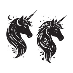 Unicorn face set Vector Silhouette black SH