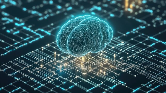 A glowing AI brain with data streams flowing through it, symbolizing the role of AI in business.