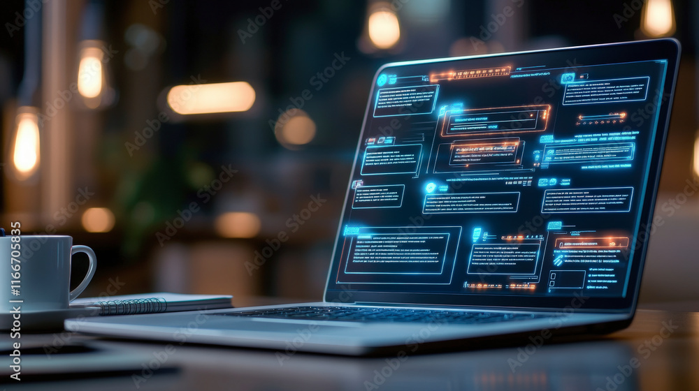 Poster futuristic laptop screen displaying innovative digital interface, enhancing productivity with advanc
