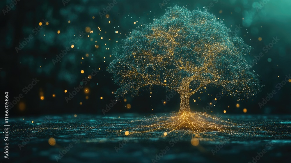 Poster a glowing tree with branching nodes on a clean gradient, symbolizing business evolution.