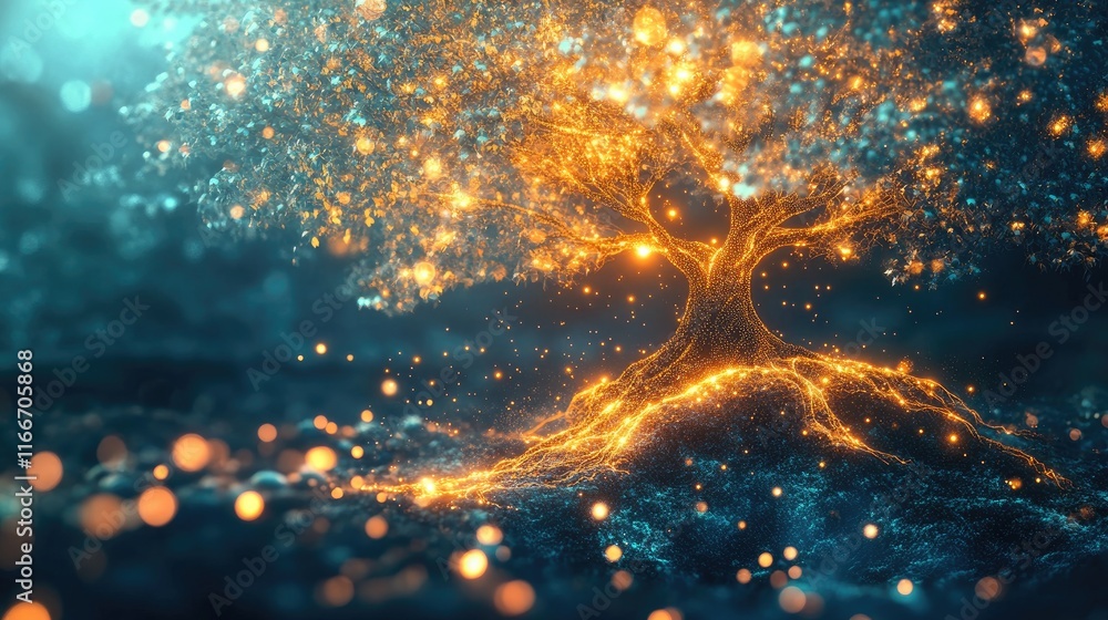 Poster a glowing tree with branching nodes on a clean gradient, symbolizing business evolution.