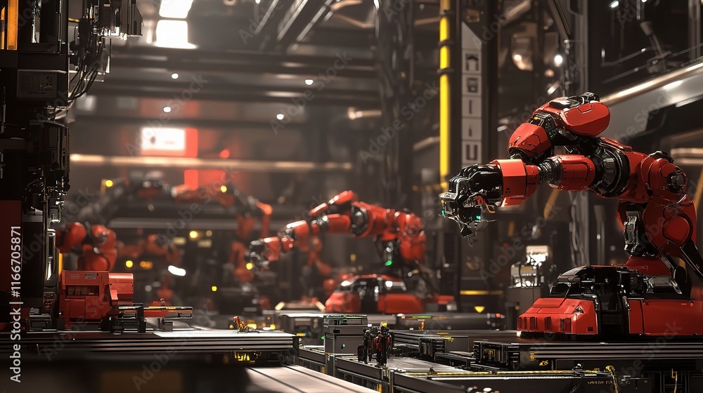 Poster industrial robots working in a futuristic automated factory scene