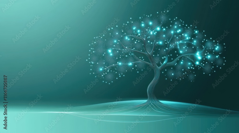 Aufkleber a glowing tree with branching nodes on a clean gradient, symbolizing business evolution.