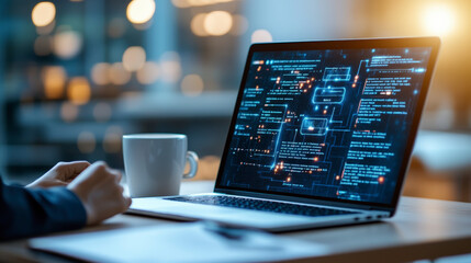 Person working on a laptop with code, enhancing digital skills in a modern workspace. Technology, programming, software development focus.