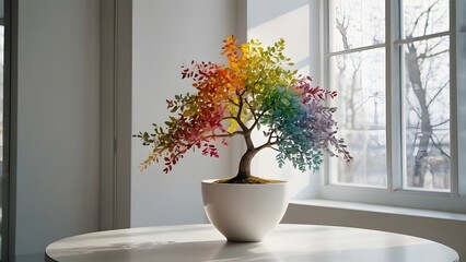 Fototapeta premium minimalistic interior.rainbow-colored tree with delicate branches, placed in a pristine white vase on a sleek modern table.