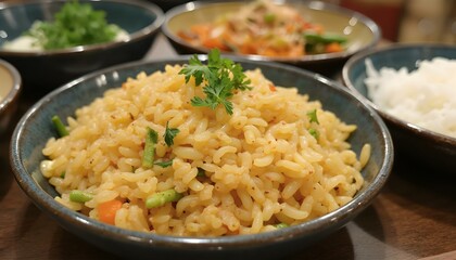 Delicious savory rice dish with mixed vegetables and herbs, served in a rustic bowl on a wooden table.