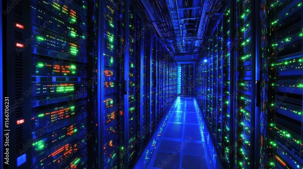Poster a high-tech data server with glowing lights, representing the backbone of business technology soluti