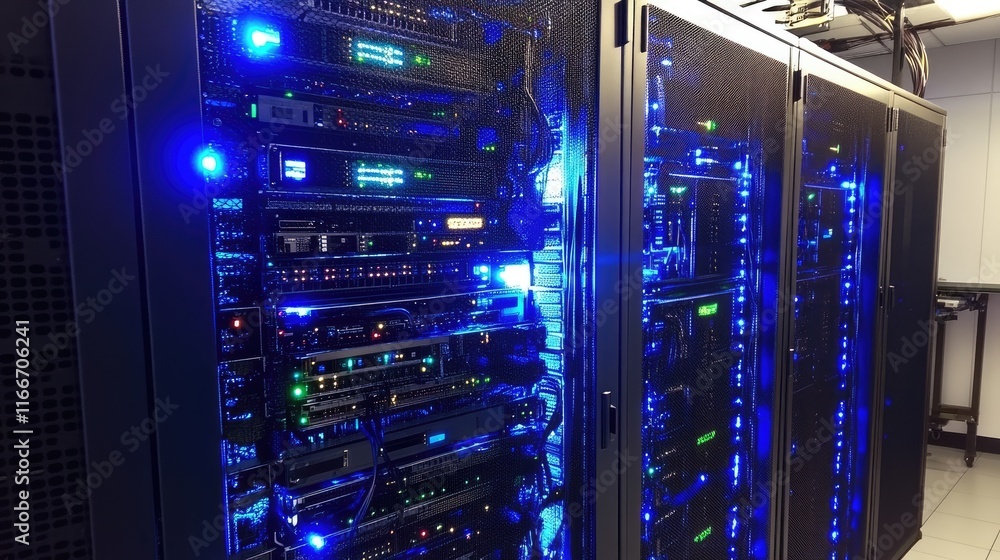Poster a high-tech server rack illuminated with soft blue light, representing digital business solutions.