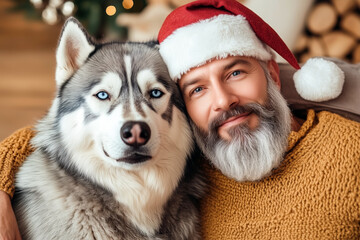 Obraz premium Bearded man wearing santa hat hugging husky dog at christmas