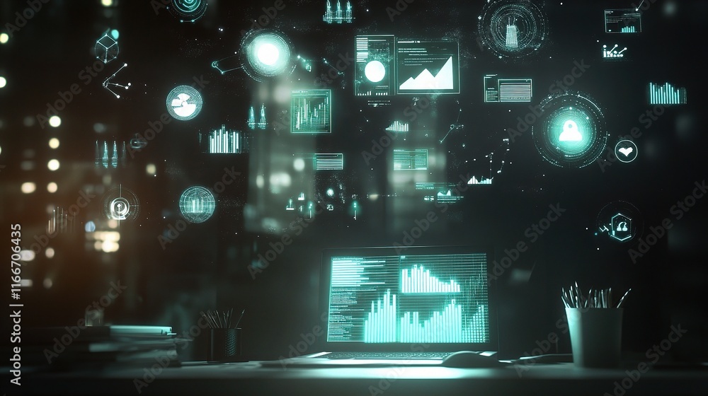 Poster digital business concepts with icons and graphs above a desk