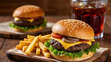 a burger and fries on a wooden board
