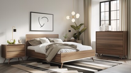 Contemporary Sparse Bedroom with Artistic Wall Frame and Sunlit Ambiance. A Serene Space for Art Display and Relaxation