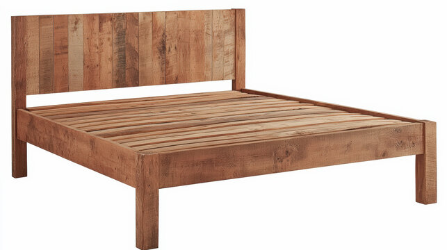 Rustic wooden bed frame showcasing natural wood grain, perfect for enhancing bedroom decor with sustainable and stylish furniture design.
